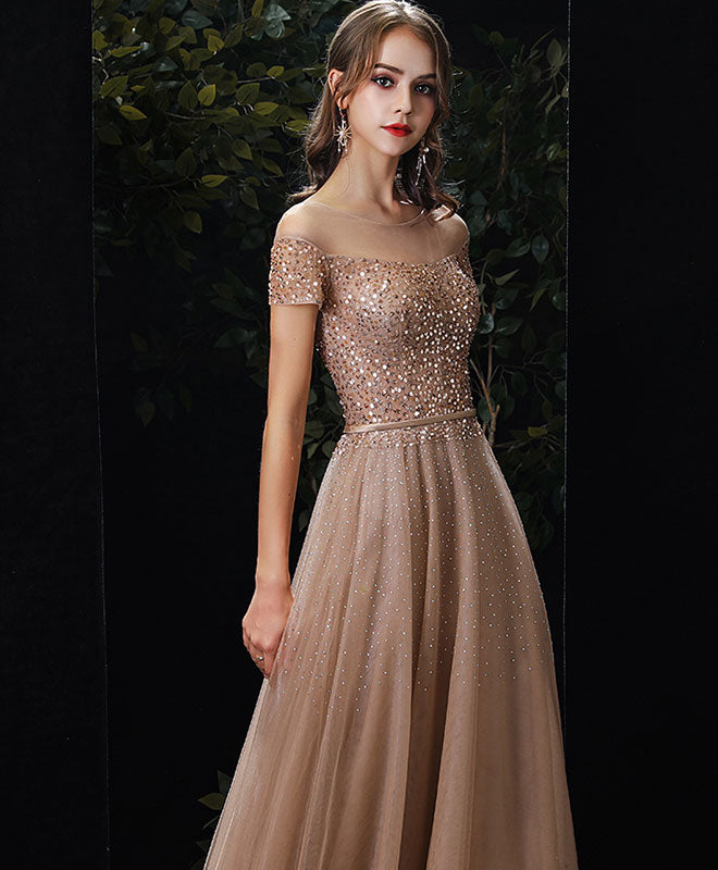 Champagne Tulle Sequin Long Prom Dress, Champagne Tulle Formal Graduation Dress