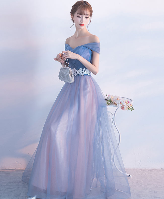 Gray Blue Tulle Long Prom Dress, Gray Blue Tulle Bridesmaid Dress