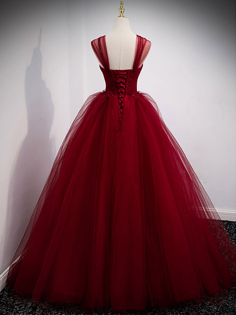 Burgundy Off Shoulder Tulle Long Prom Dress, Burgundy Formal Dress