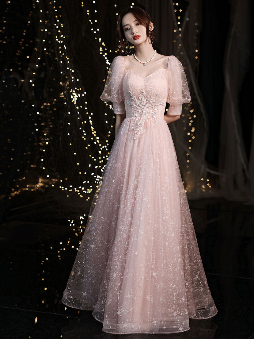 Pink Tulle Long Prom Dress, Pink Tulle Evening Dress