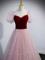 Pink A line Tulle Long Prom Dress, Pink Tulle Evening Graduation Dresses
