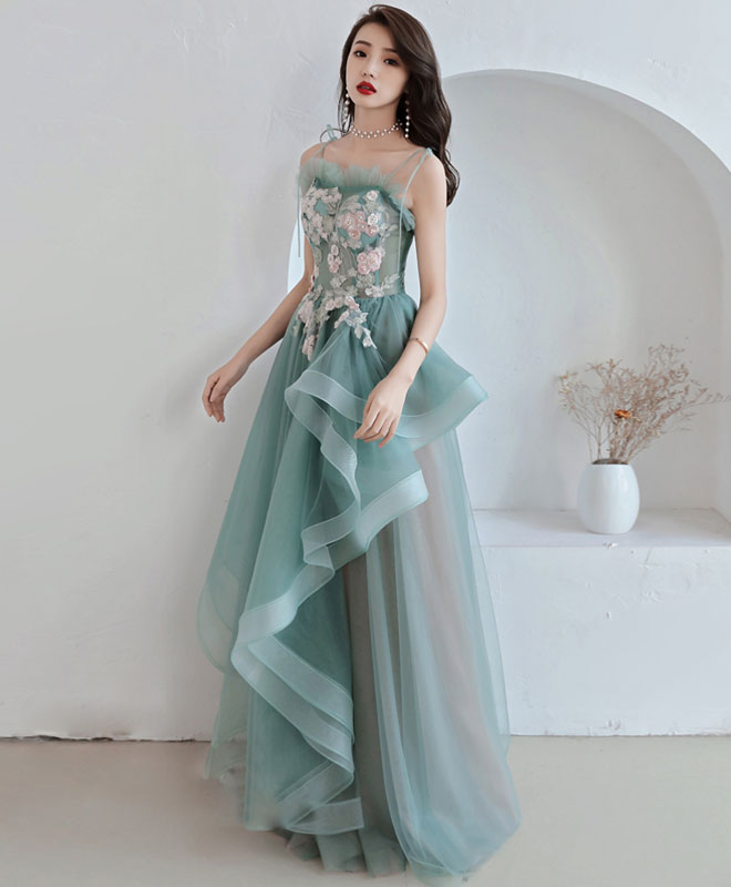 Green Tulle Lace Long Prom Dress, Green Tulle Lace Evening Dress