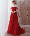 Burgundy Tulle Lace Off Shoulder Tulle Long Prom Dress Evening Dress