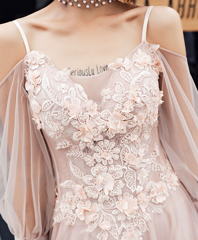Champagne Tulle Lace Long Prom Dress, Champagne Evening Dress
