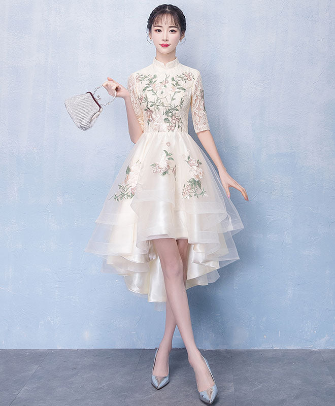Unique Champagne Tulle Lace Applique Prom Dress, Evening Dress