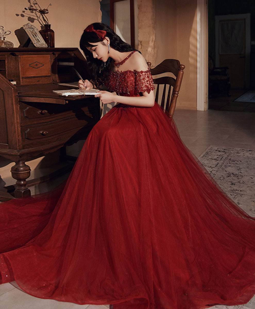 Burgundy Round Neck Beads Tulle Long Prom Dress, Burgundy Graduation D