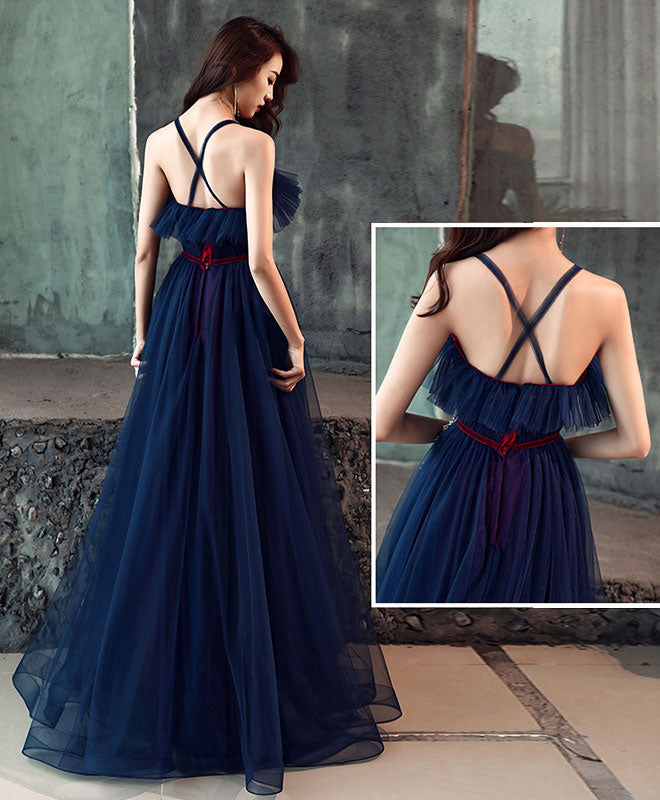 Dark Blue Tulle Long Prom Dress, Dark Blue Tulle Evening Dress