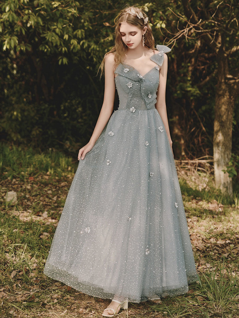 Gray Tulle Sequin Tea Length Prom Dress, Gray Evening Dress