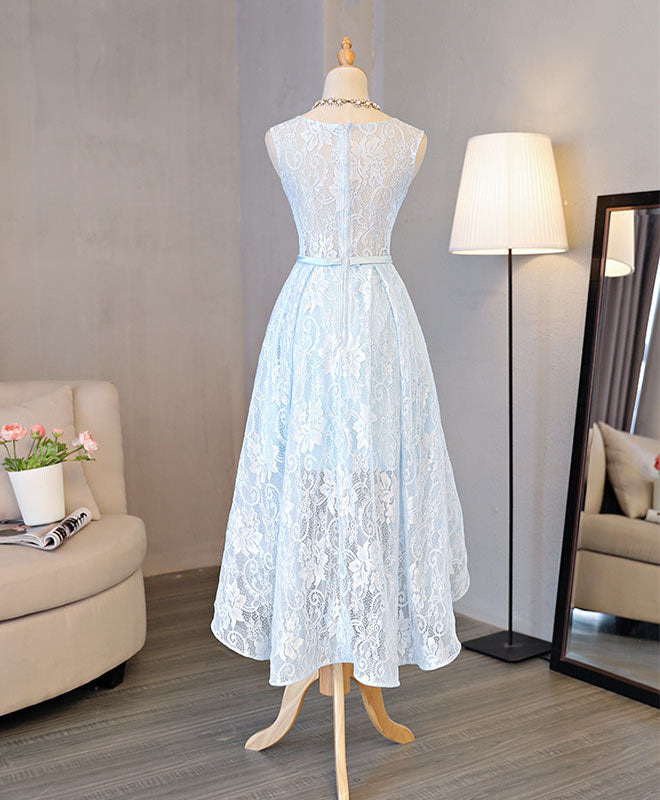 Light Blue Lace High Low Prom Dress, Homecoming Dress