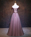 Pink Tulle Lace Applique Long Prom Dress, Burgundy Lace Evening Dress