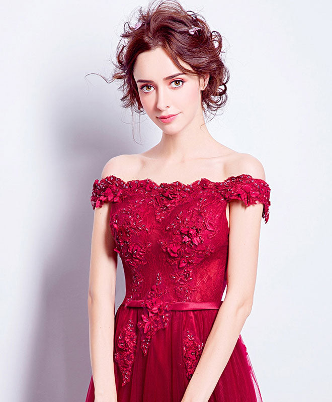 Burgundy Tulle Lace Applique Long Prom Dress, Burgundy Bridesmaid Dress