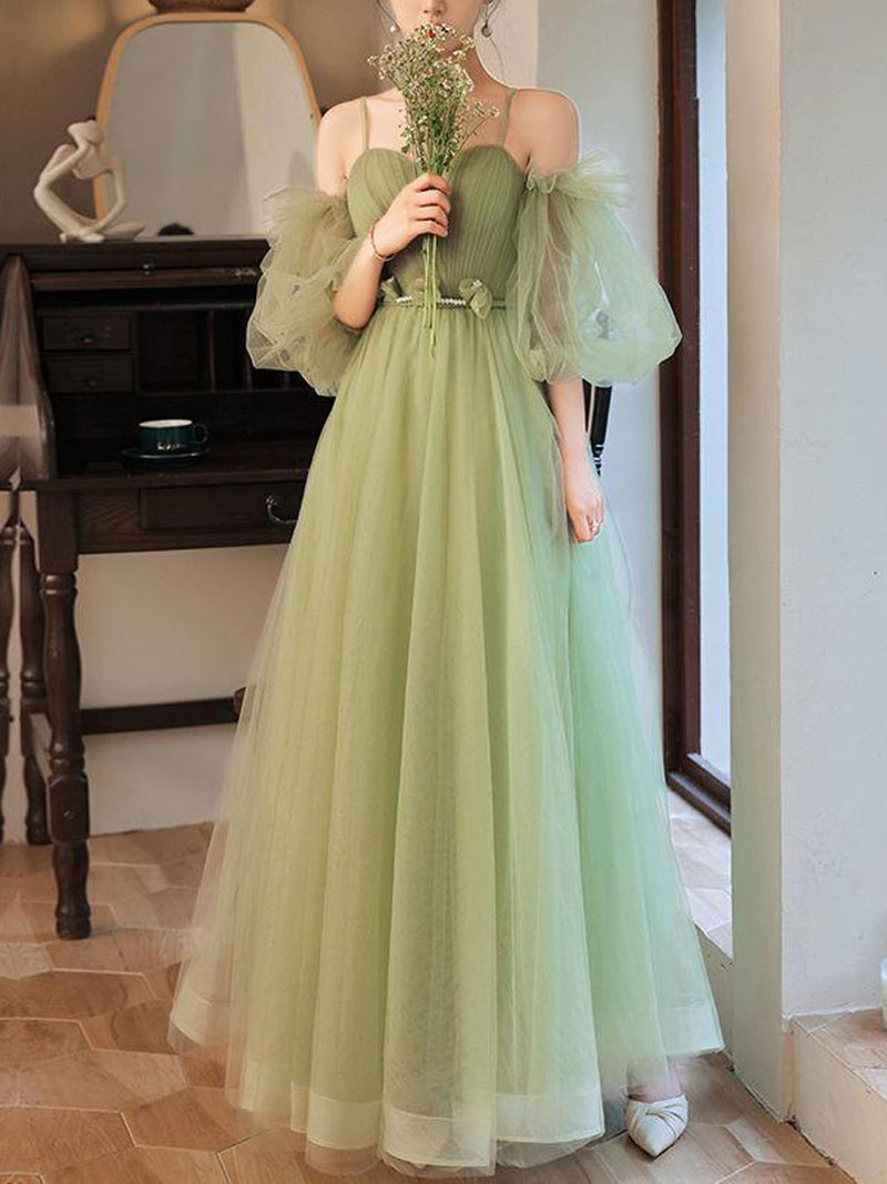 Simple A line Green Long Prom Dress, Green Tulle Bridesmaid Dress