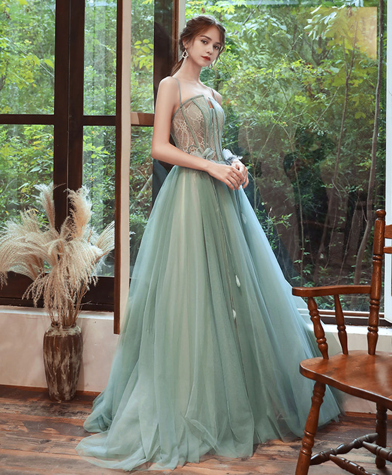Green Tulle Lace Long Prom Dress Green Lace Tulle Formal Dress – shopluu