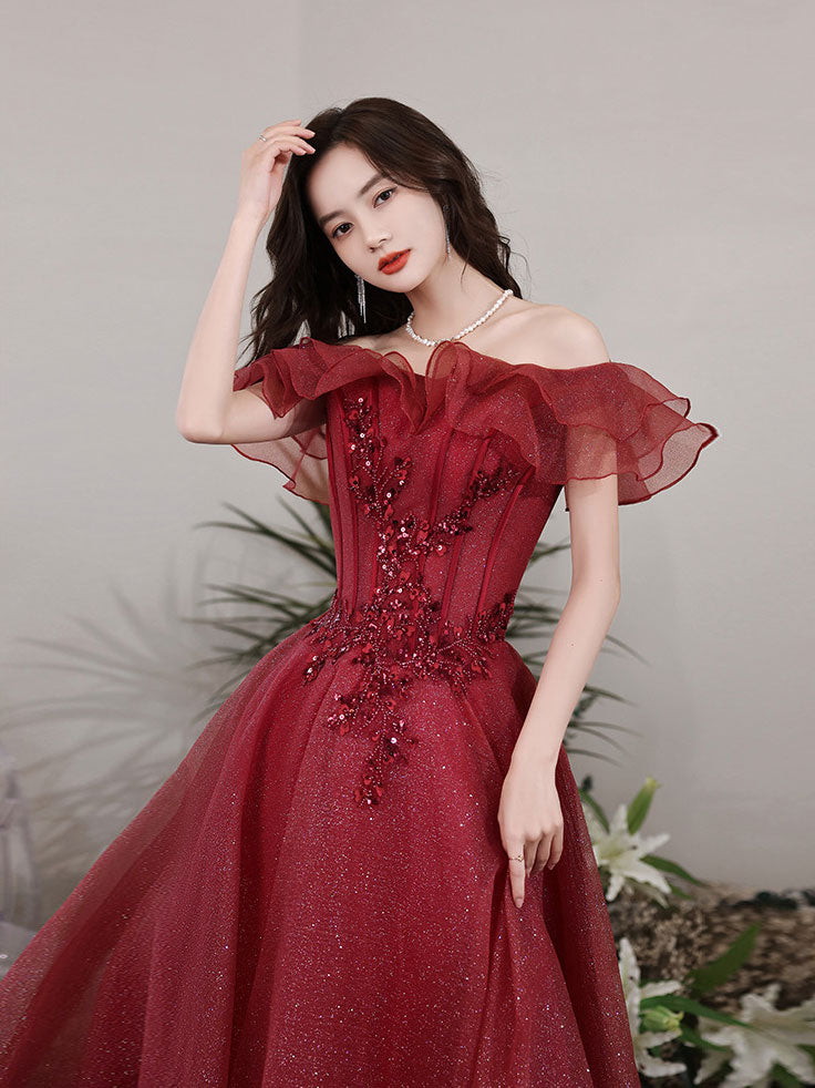 Burgundy Tulle Off Shoulder Long Prom Dress, Burgundy Evening Dress