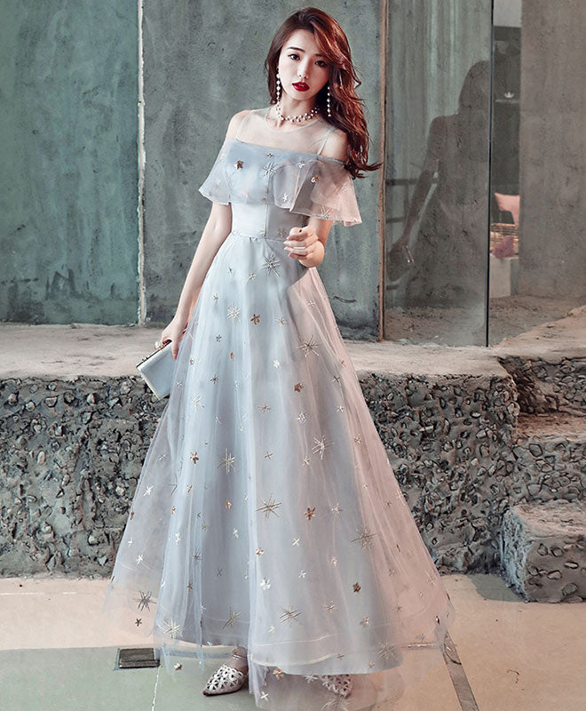 Gray Tulle Tea Length Prom Dress, Gray Tulle Evening Dress