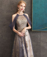 Gray Blue High Neck Tulle Lace Long Prom Dress Gray Tulle Formal Dress