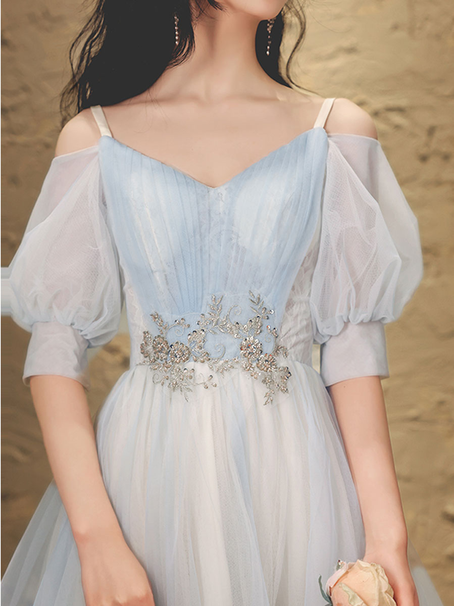 Blue A-line Tulle Lace Short Prom Dress, Blue Homecoming Dress