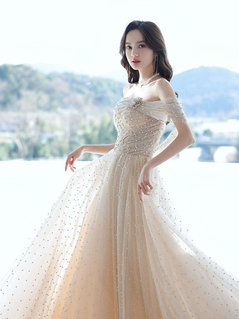 Champagne Tulle Beads Long Prom Dress Champagne Formal Dress