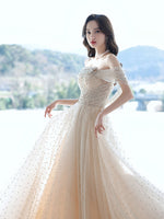 Champagne  Tulle Beads Long Prom Dress Champagne Formal Dress