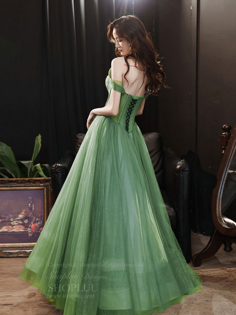 Green Sweetheart Neck Tulle Long Prom Dress, Green A line Formal Dresses