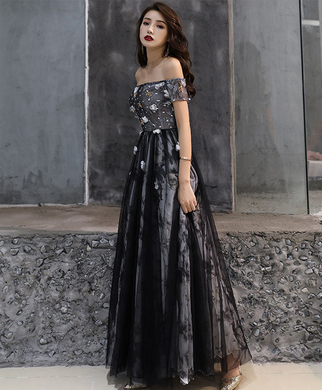 Black Tulle Lace Long Prom Dress, Black Tulle Evening Dress