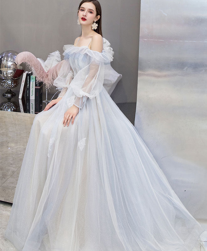 Blue Tulle Lace Long Prom Dress Blue Lace Evening Dress