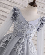 Gray V Neck Tulle Lace Applique Flower Girl Dress, Tulle Baby Dress