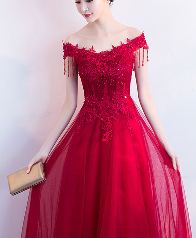 Burgundy V Neck Tulle Lace Long Prom Dress, Burgundy Tulle Bridesmaid Dress