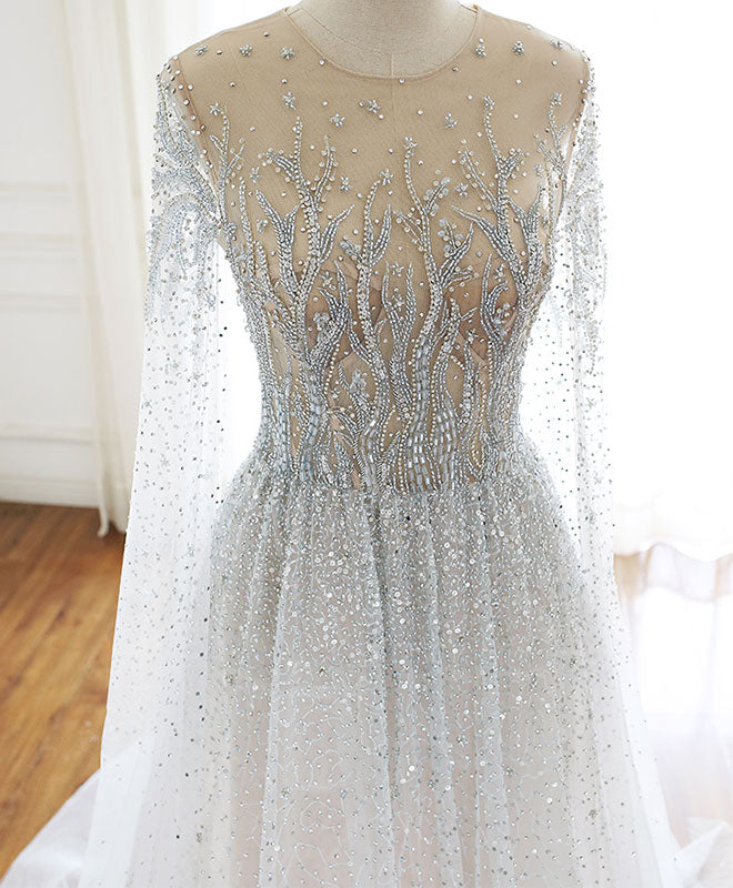 A-Line Round Neck Tulle Sequin Beads Long Prom Dress
