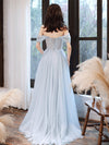 Blue Tulle Off Shoulder Tulle Lace Long Prom Dress, Blue Formal Dress