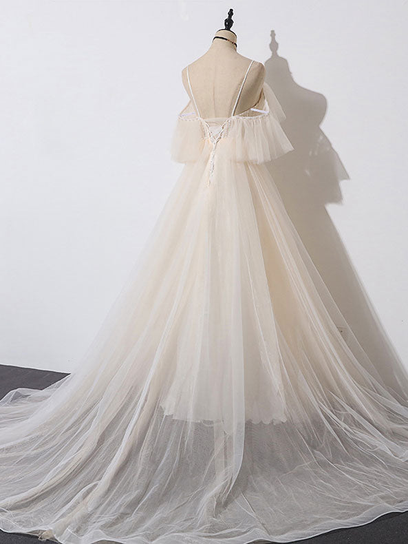Champagne V Neck Tulle Long Prom Dress, Champagne Evening Dress