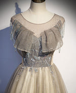 Champagne Round Neck Sequin Long Prom Dress Tulle Formal Dress
