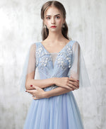 Blue V Neck Tulle Lace Applique Long Prom Dress, Blue Evening Dress