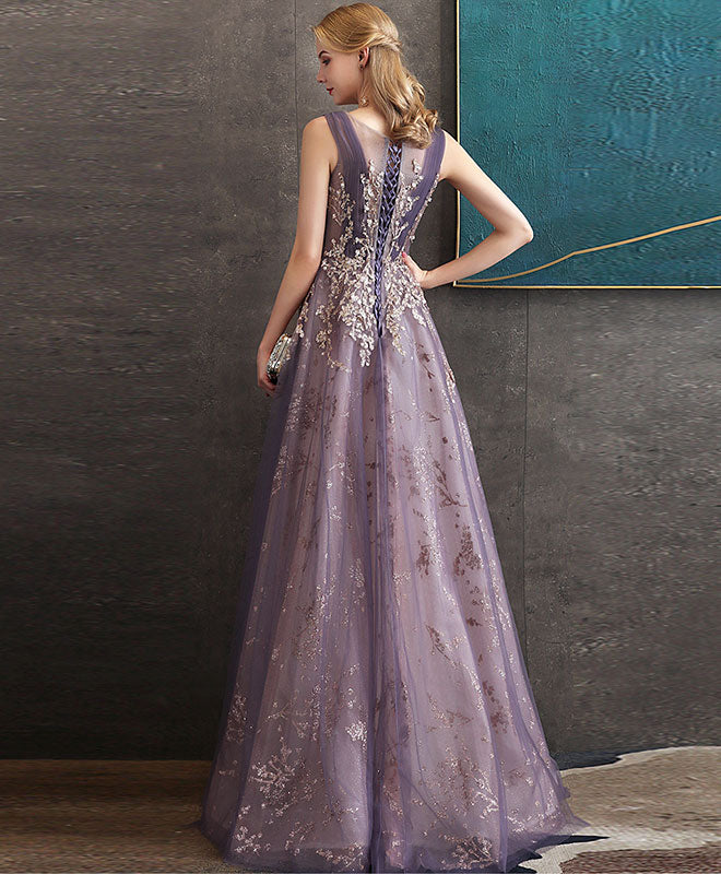 Purple Round Neck Tulle Lace Long Prom Dress Purple Evening Dress