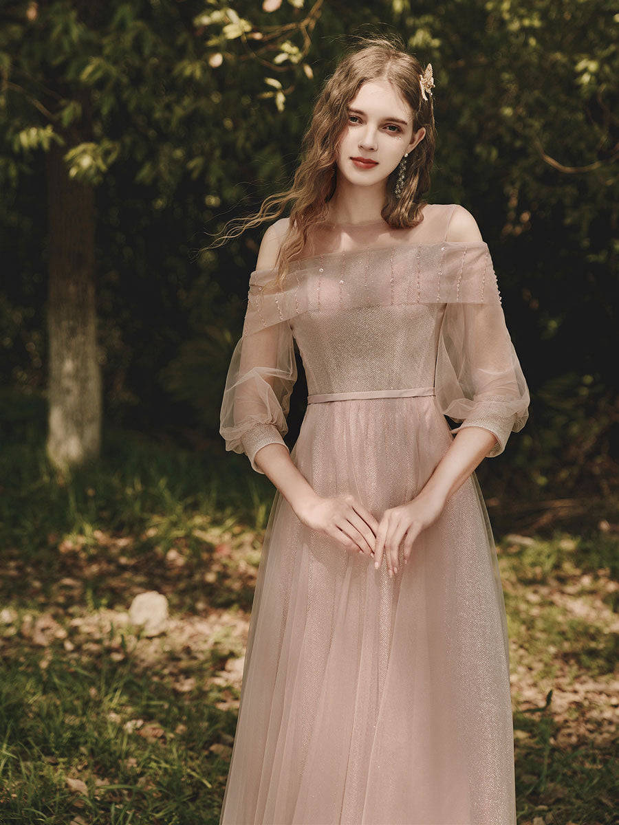 Pink Tulle Tea Length Prom Dress, Pink Tulle Formal Dress