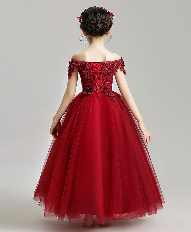 flower party dress Burgundy Tulle Lace Flower Girl Dress, Burgundy Girl Party Dress – shopluu