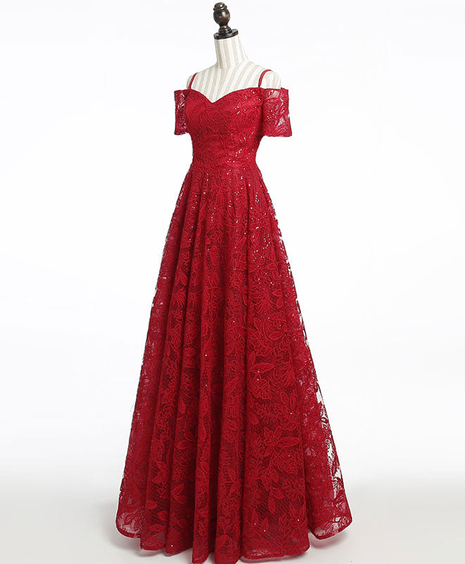 Unique Burgundy Lace Long Prom Dress, Burgundy Evening Dress