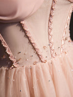 A line Pink Long Prom Dresses, Pink Tulle Formal Graduation Dresses With Beading