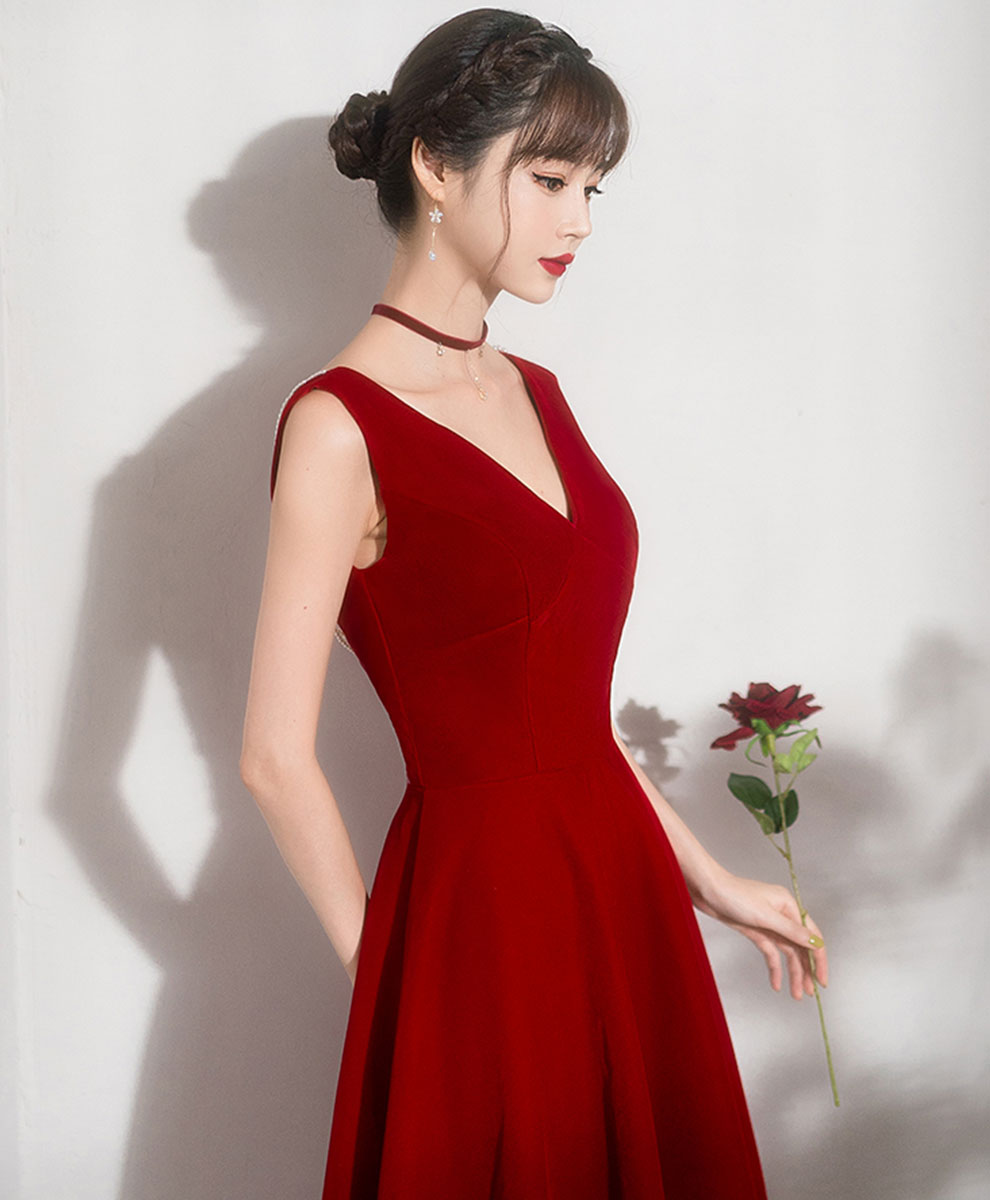 Burgundy V Neck Short Prom Dress, Burgundy Bridesmaid Dress