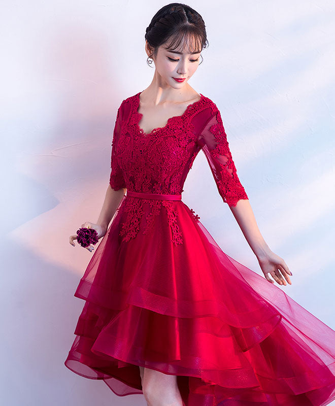 Burgundy V Neck Tulle Lace Short Prom Dress, Bridesmaid Dress