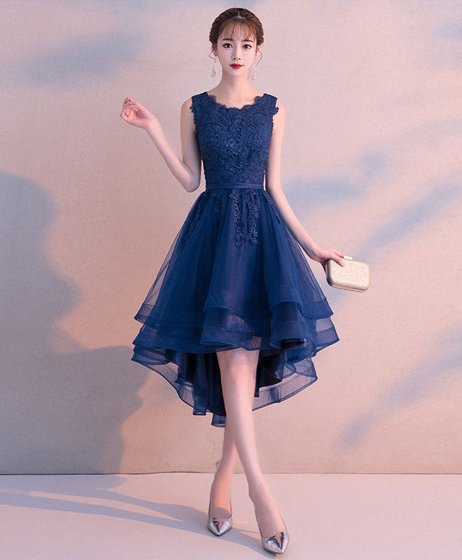 Dark Blue Tulle Lace Short Prom Dress, Blue Tulle Lace Bridesmaid Dres ...