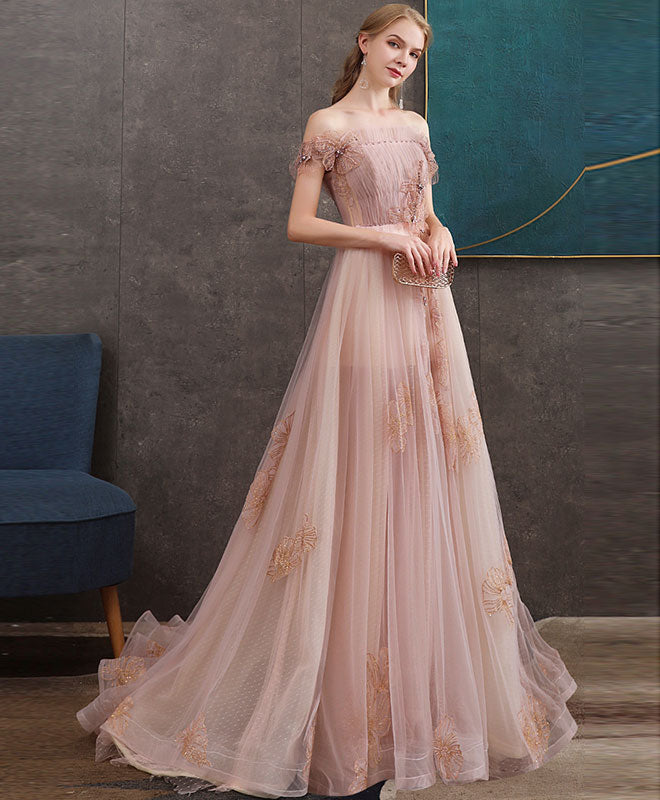 Pink Tulle Lace Long Prom Dress Pink Lace Evening Dress