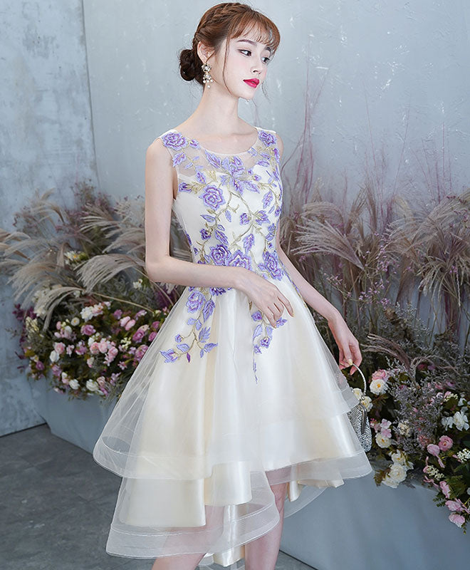 Light Champagne Tulle Lace Short Prom Dress, Lace Homecoming Dress