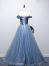 Blue Sweetheart Neck Tulle Beads Off Shoulder Long Prom Dress