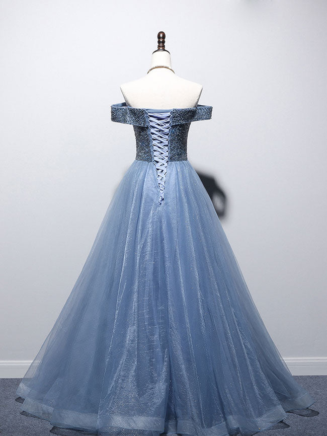 Blue Sweetheart Neck Tulle Beads Off Shoulder Long Prom Dress