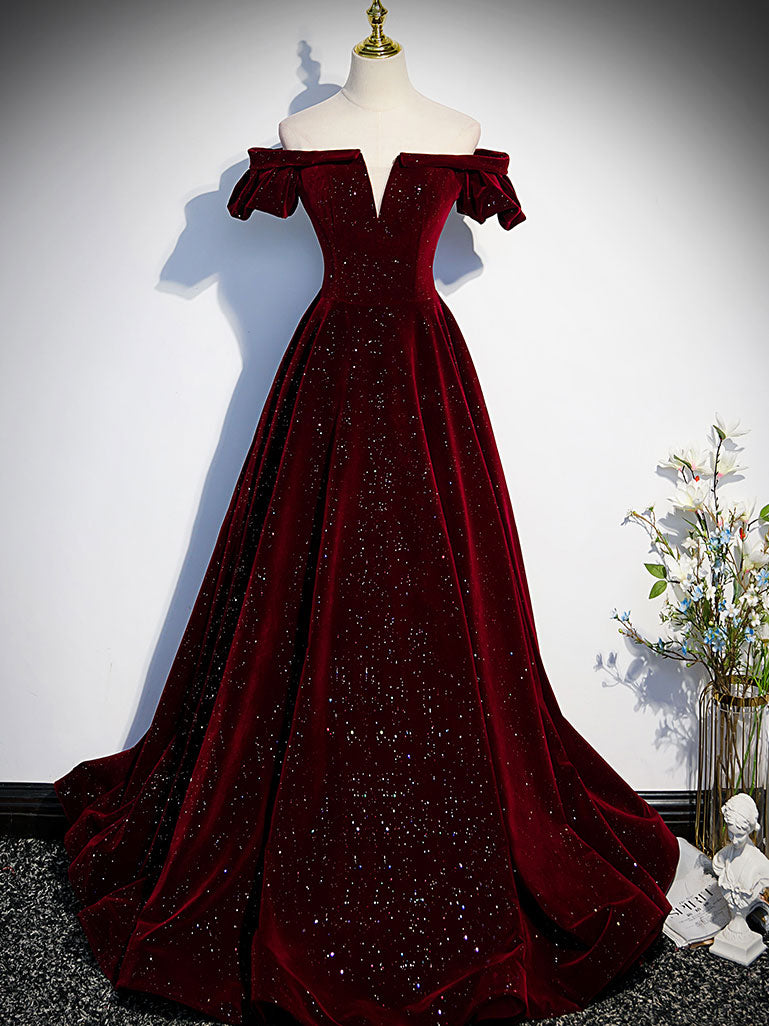 A-Line Off Shoulder Velvet Long Prom Dresses, Green Velvet Graduation Dress Custom Size / Burgundy A-Line Off Shoulder Velvet Long Prom Dresses, Green Velvet Graduation Dress Custom Size / Burgundy