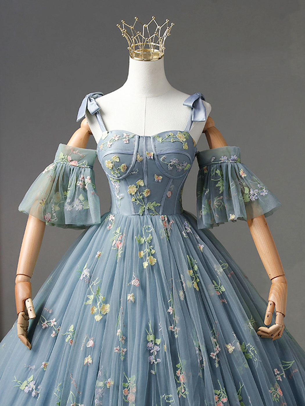 A-Line Sweetheart Neck Lace Gray Blue Long Prom Dress