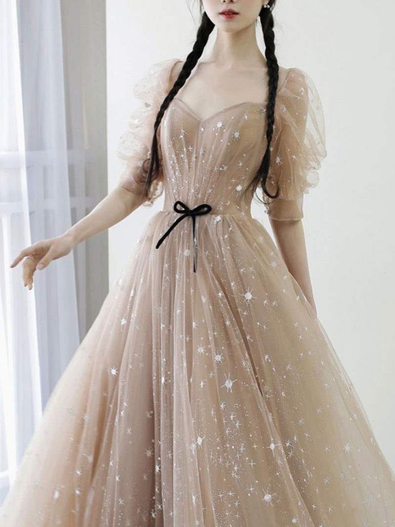 Champagne A line Tulle Long Prom Dress, Champagne Formal Evening Graduation Dresses
