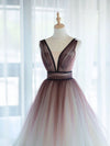 A-Line V Neck Tulle Long Brown Prom Dresses