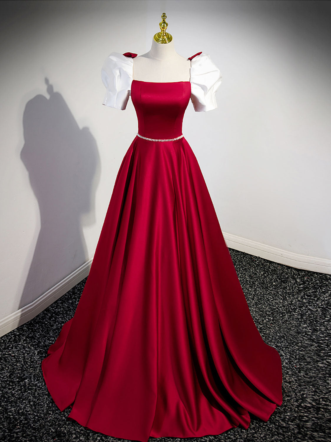 White and Burgundy Satin Long Prom Dress, Beautiful A-Line Short Sleeve Evening Dress US 14 / Custom Color White and Burgundy Satin Long Prom Dress, Beautiful A-Line Short Sleeve Evening Dress US 14 / Custom Color
